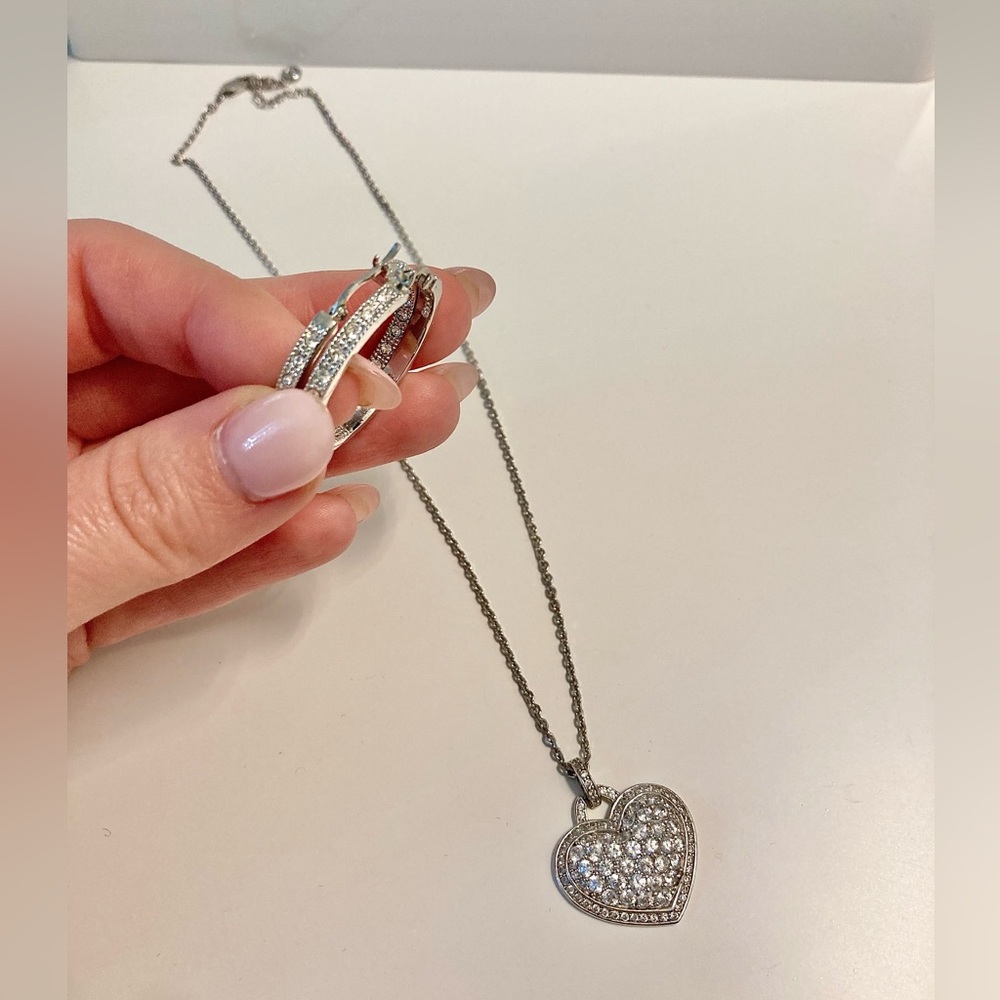 Elegant Silver Heart Pendant Necklace and Hoop Earrings Set